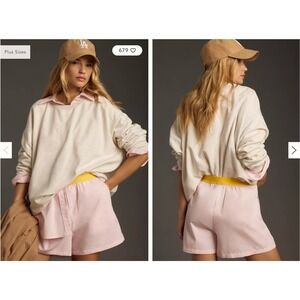 Anthropologie Pink Sleep Shorts Yellow Waistband Relaxed Fit Loungewear Size‎ S